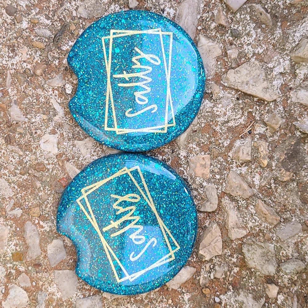 "Salty" Turquoise Glitter Car Cup Coaster Set HANDMADE